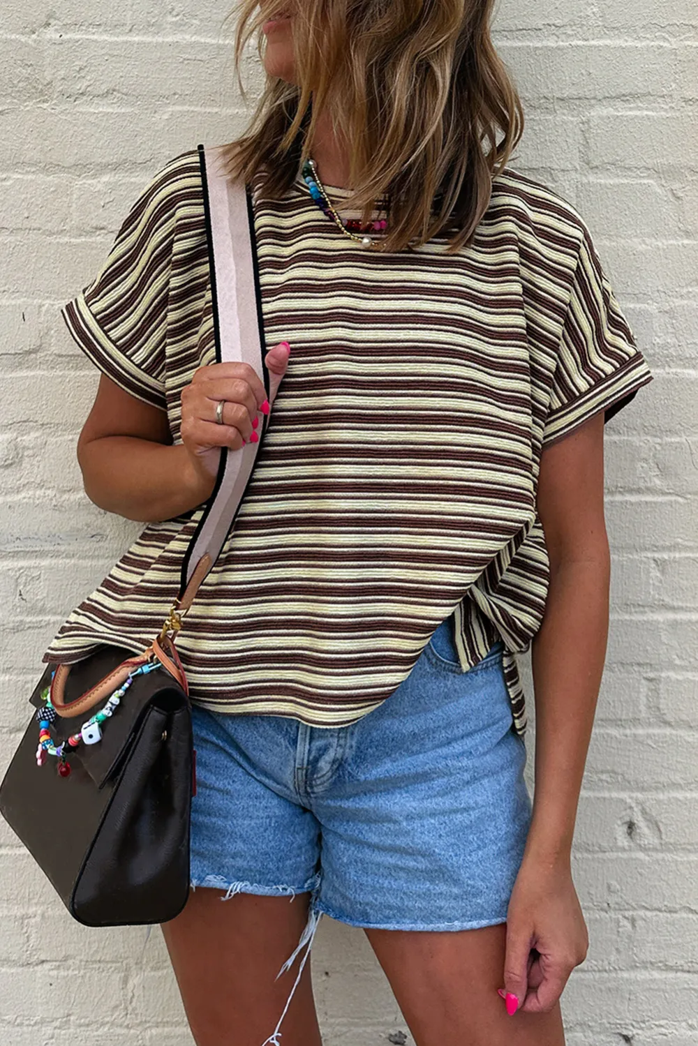 Brown Stripe Textured Side Slits Tee