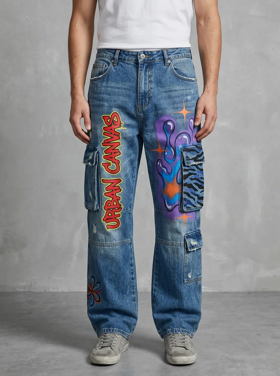 Men's Urban Canvas Graffiti Tiger Stripe Graphic Cargo Jeans