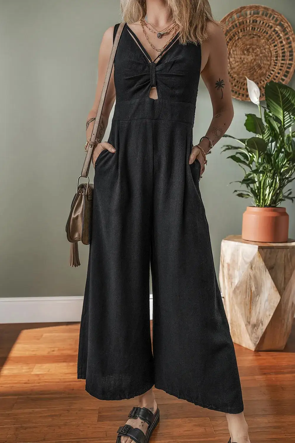 Front Panel Detail Smocked Back Sleeveless Jumpsuit