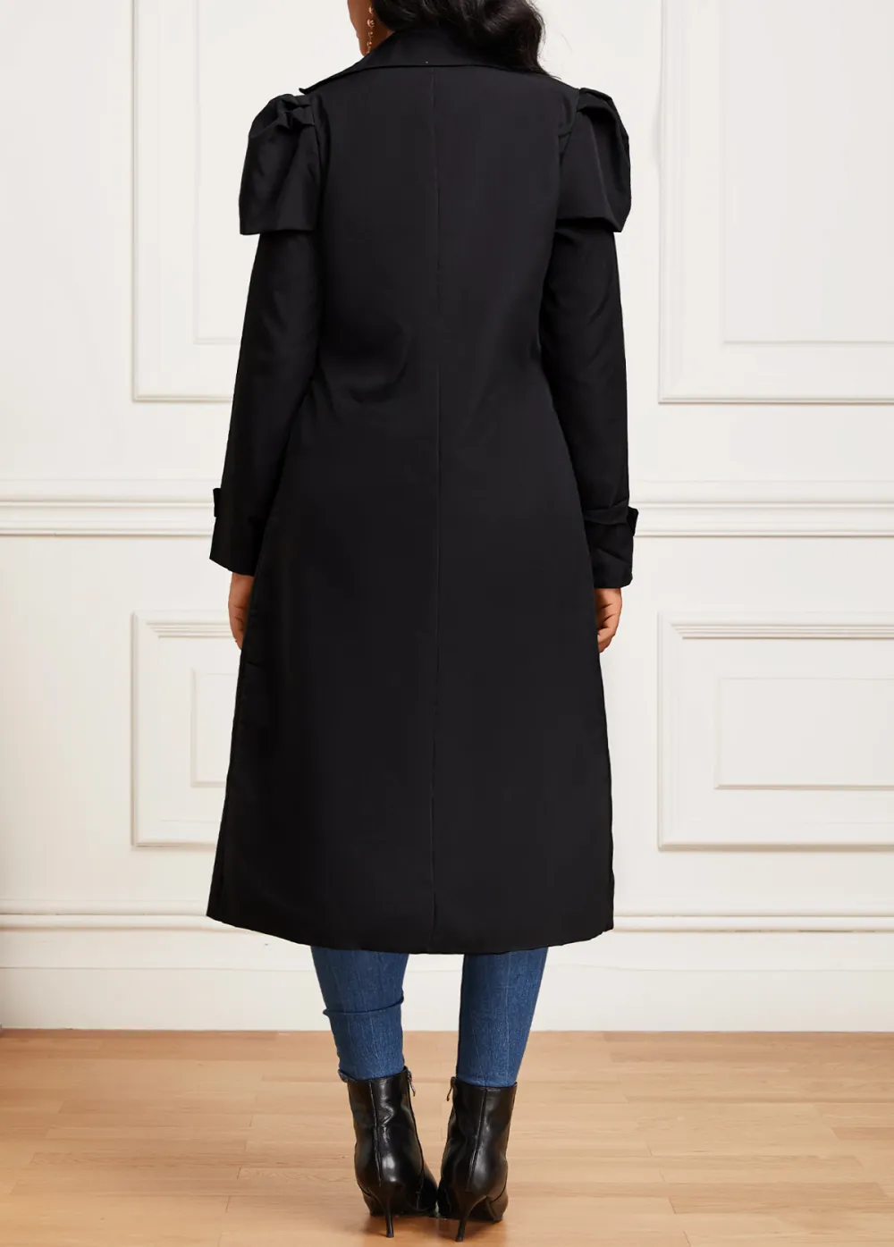 Black Pocket Long Sleeve Lapel Trench Coat