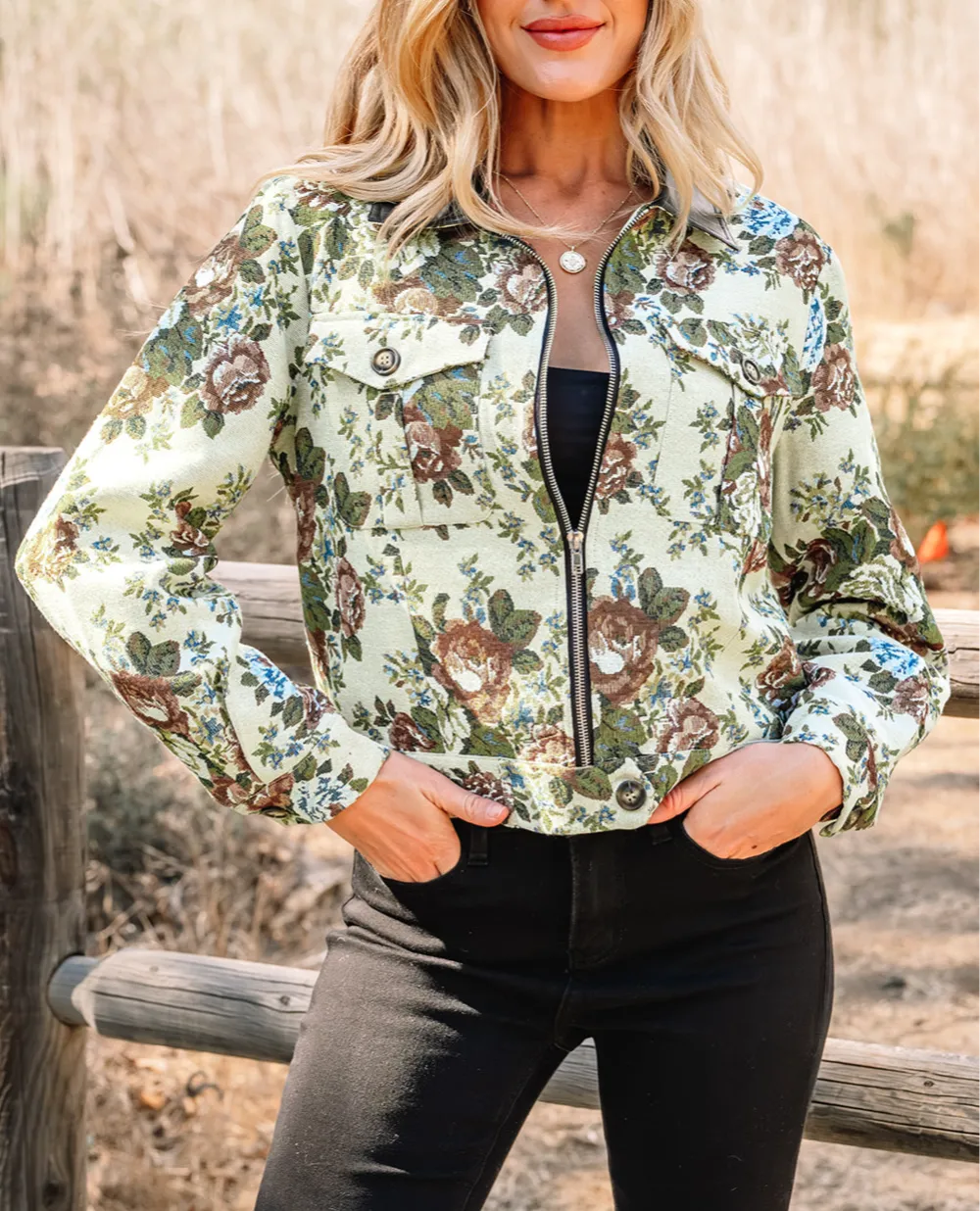 Women's Floral Print Zip Up Contrast Collared Jacket