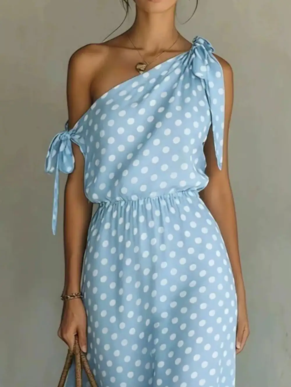 Full Size Polka Dot One Shoulder Maxi Dress With Tie Details Plus Size