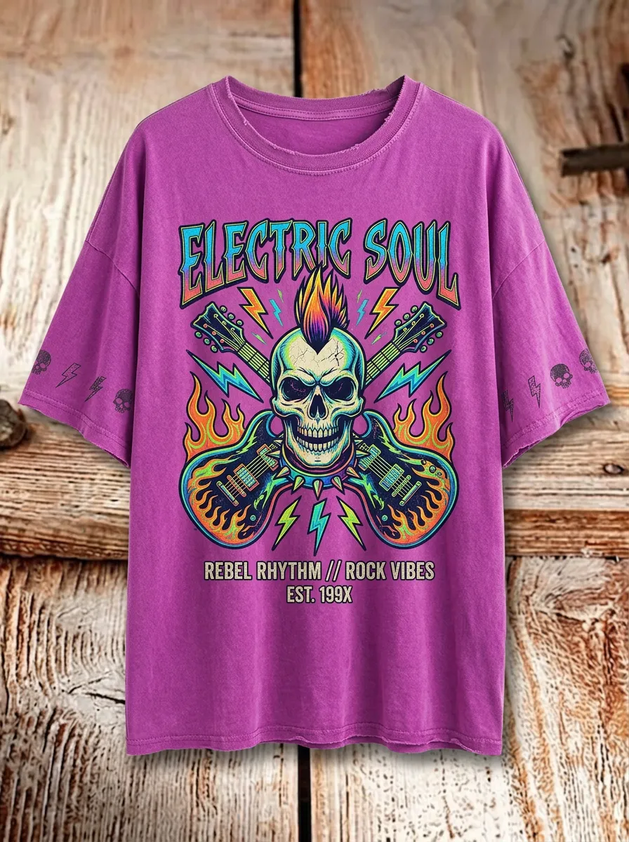 Unisex Rock Music Lover Electric Skull Guitar Printed T-shirt