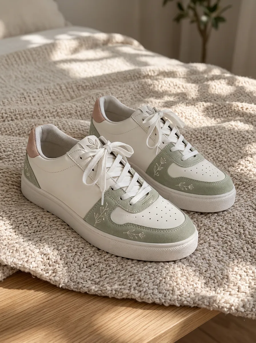 Women's Botanical Floral Sage Green Embroidered Printed Sneakers