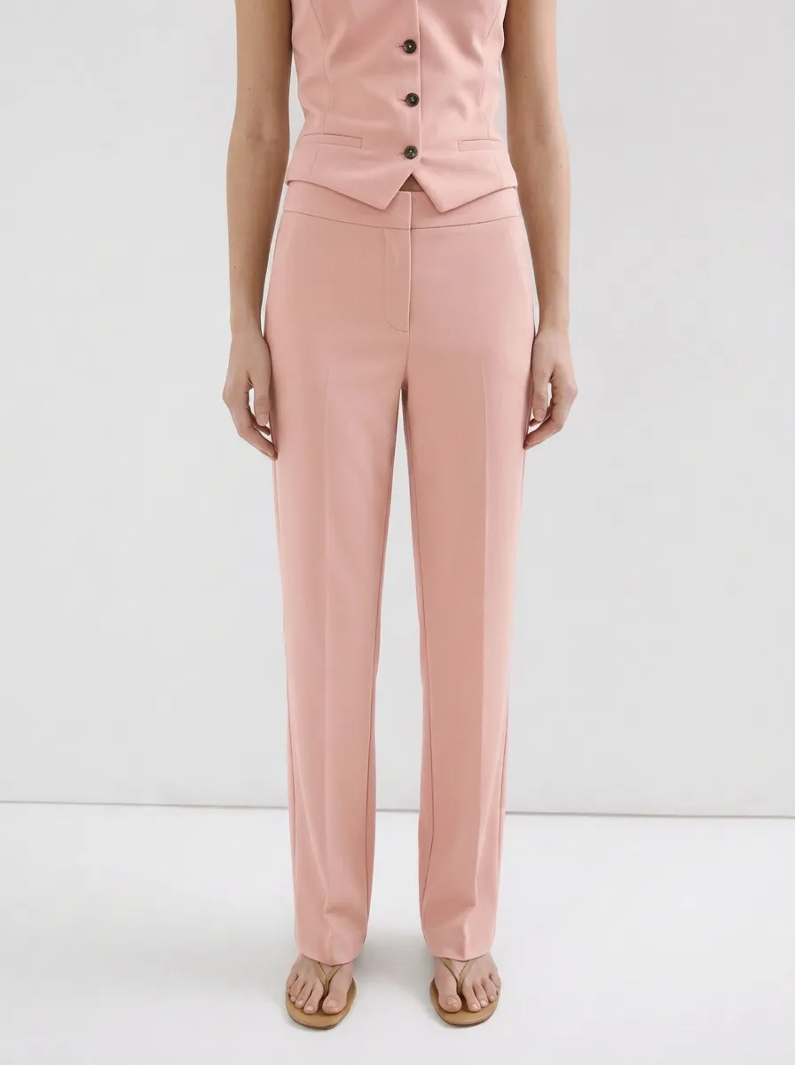Women's Minimalist Beige Solid Mid-Rise Straight Leg Trousers