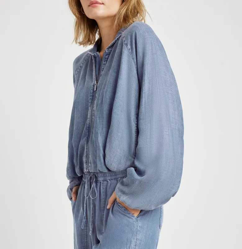 Layered Indigo Bomber Jacket