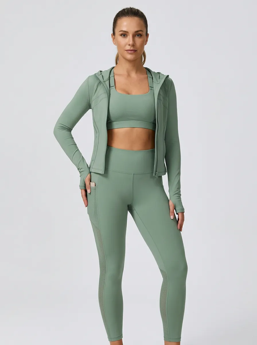 Athletic Mesh Detail Silhouette Women's Three Piece Activewear Set