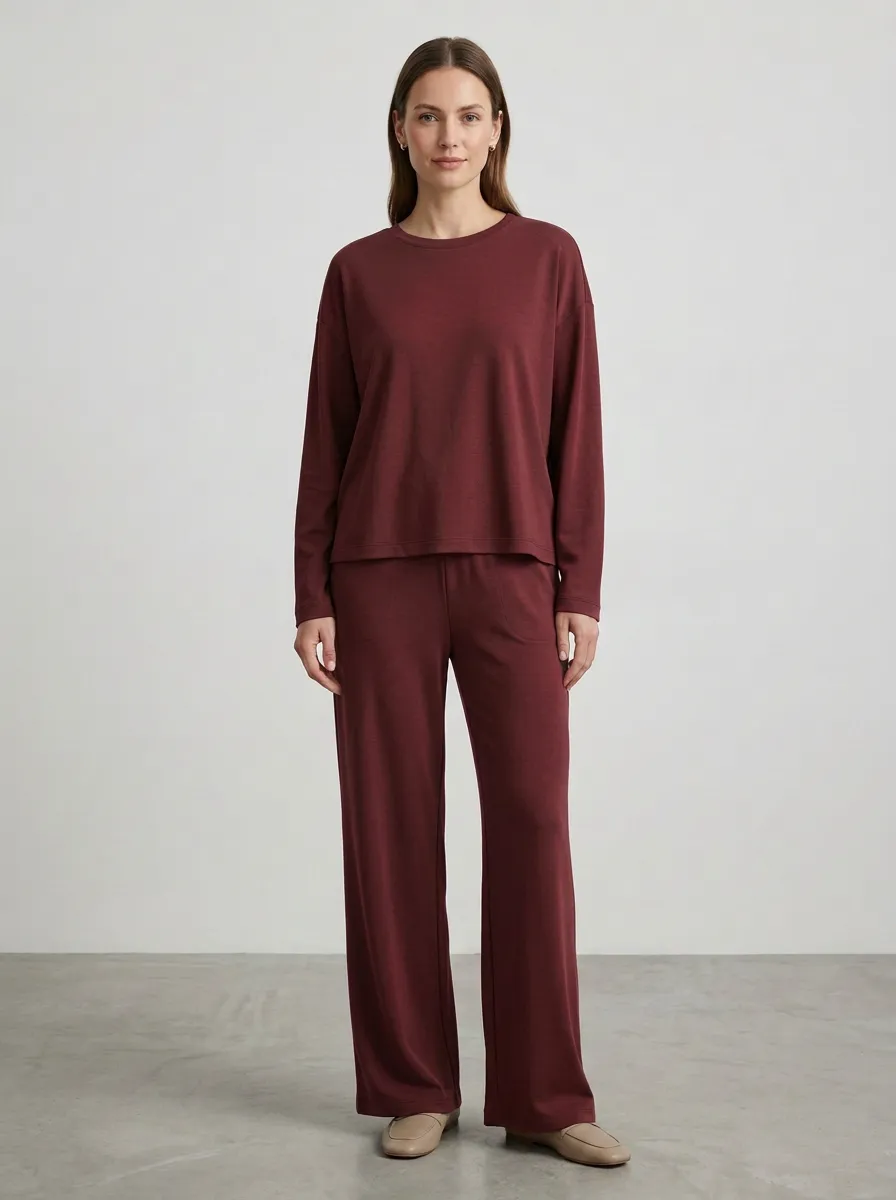 Women's Ribbed Long-Sleeve Drop-Shoulder Crewneck Top And Wide-Leg Trouser Lounge Set