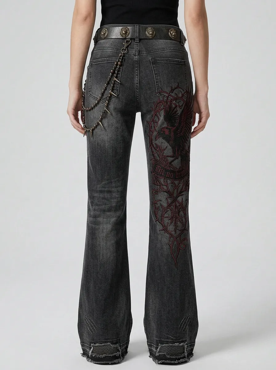 Shadow Raven Thorn Cross Design Men's Gothic Jeans