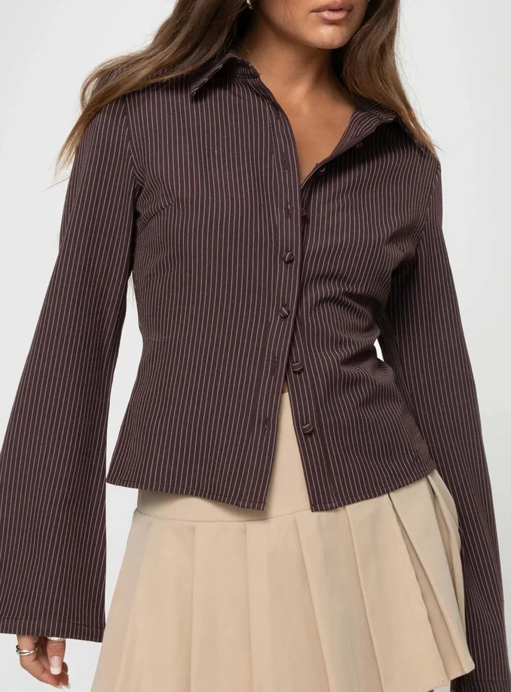 Black Pinstripe Cropped Button Up Shirt