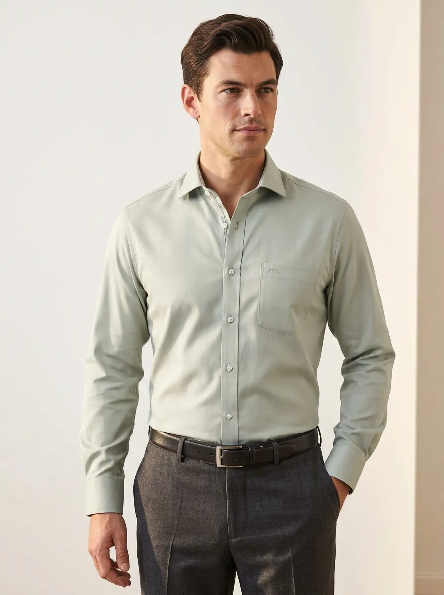 Men's Non-Iron Cotton Sage Green Pocket Long Sleeve Shirt