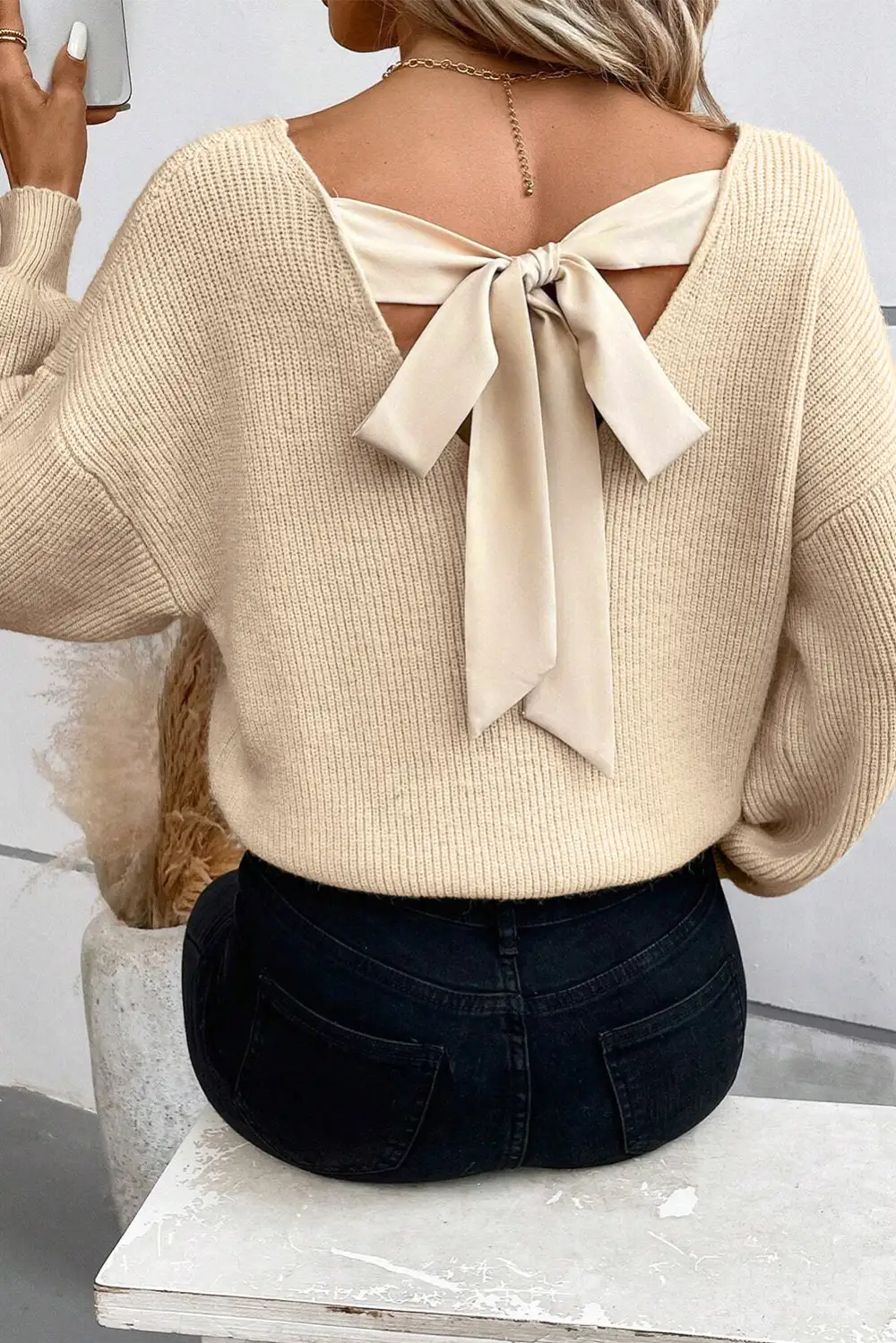 Lantern Sleeve V Neck Knot Detail Sweater