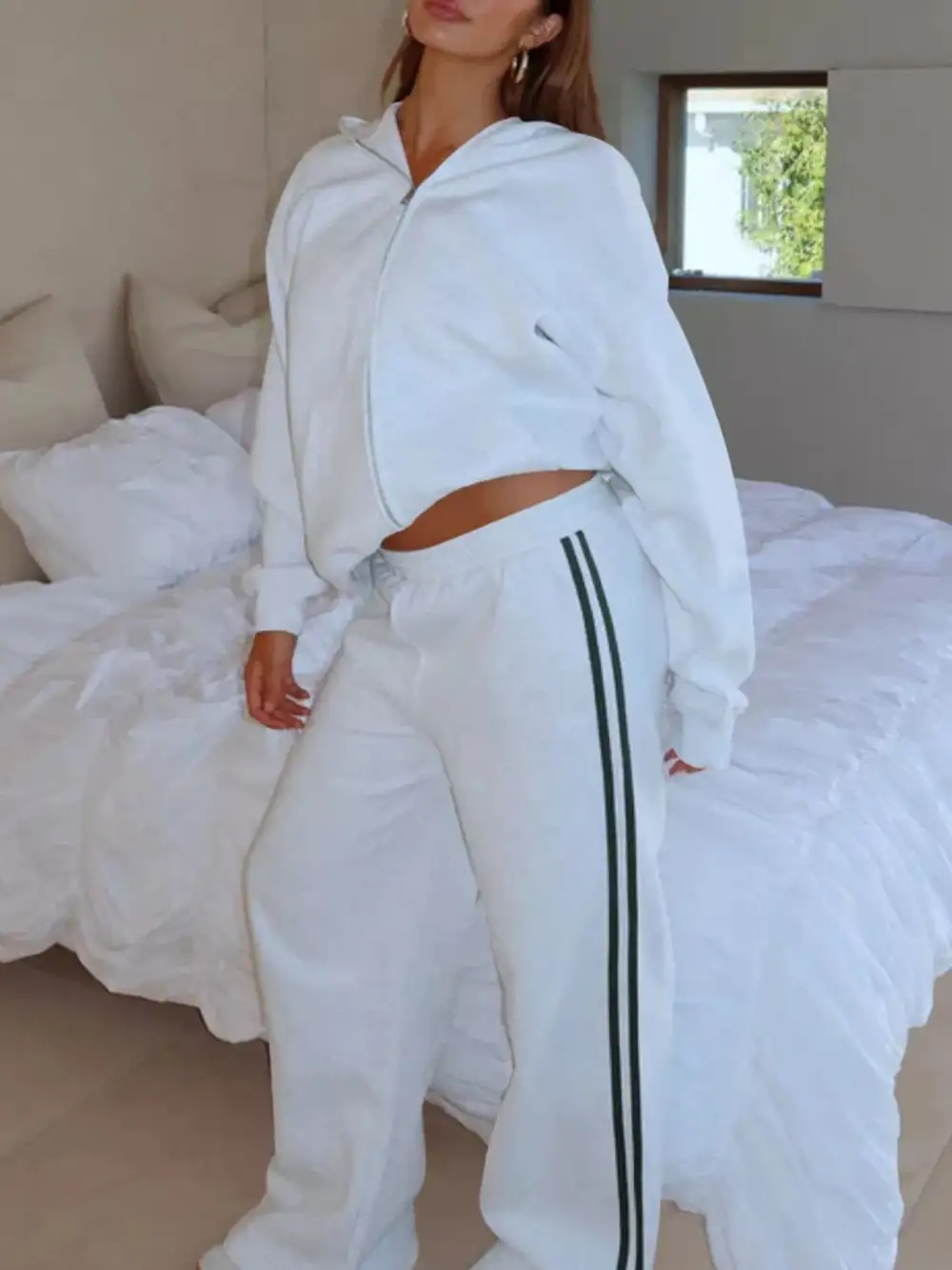 Zip Up Hoodie and Striped Pants Set