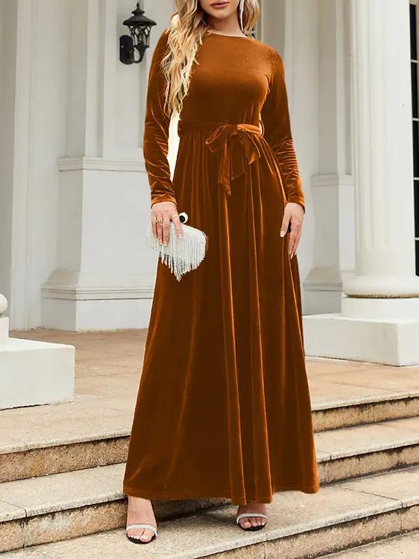 Pleated Wrap Belted Long Neck Maxi Dress