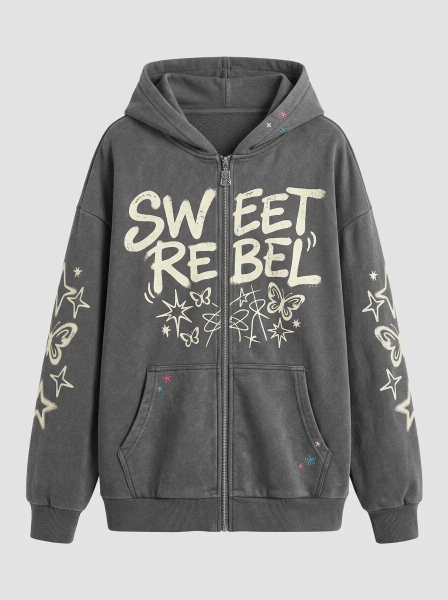 Women's Streetwear Sweet Rebel Butterfly Star Printed Zip-up Hoodie