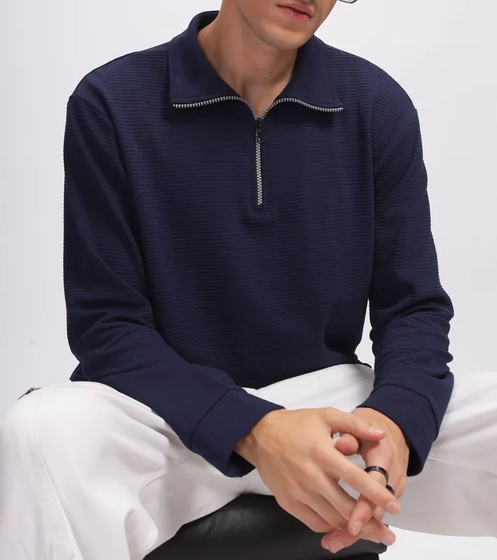 Navy Blue Ribbed Quarter-Zip Henley Shirt
