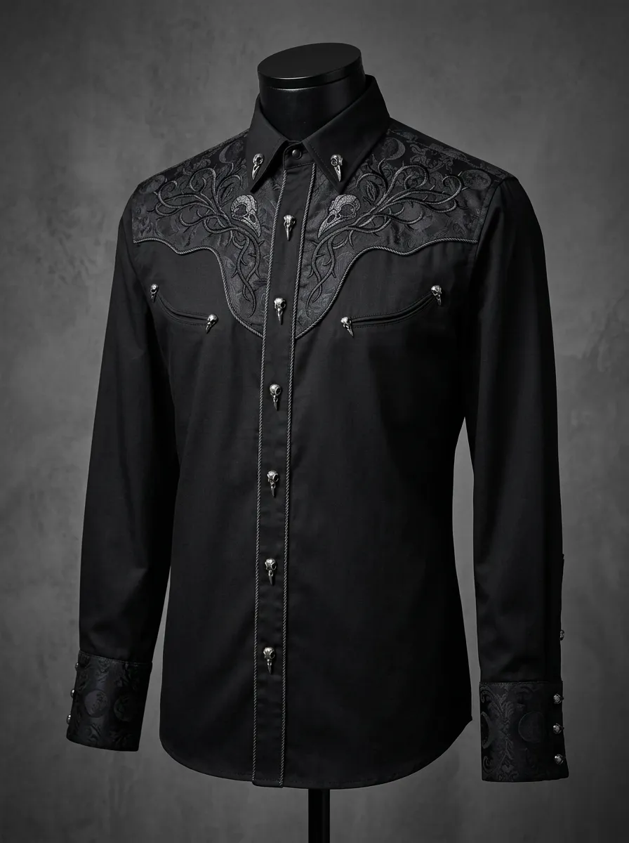Arcane Skull Raven Embroidered Detail Men's Gothic Shirt