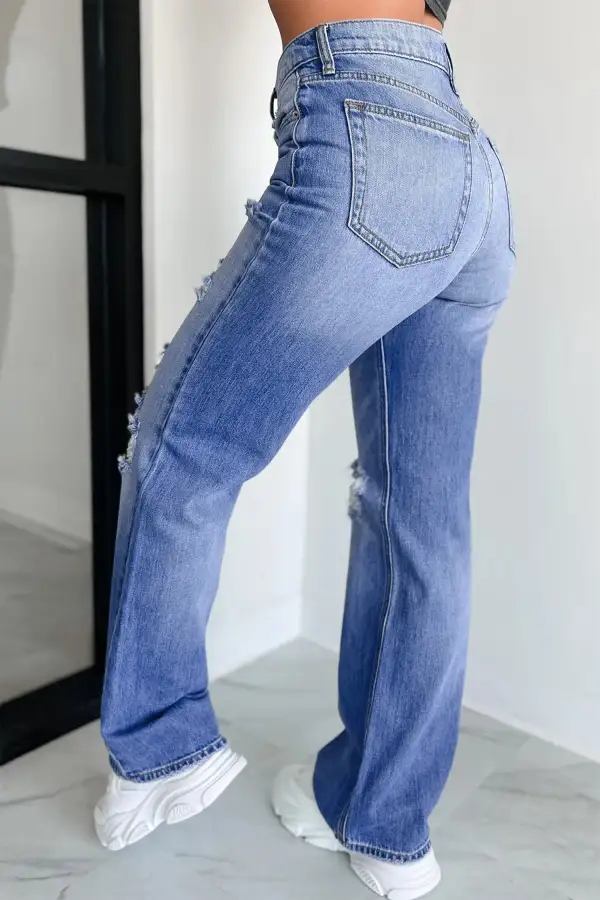 Mid Rise Straight Leg Distressed Denim Jeans