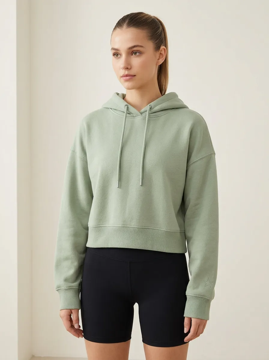 Women's Casual Minimalist Sage Green Star Embroidered Cropped Hoodie