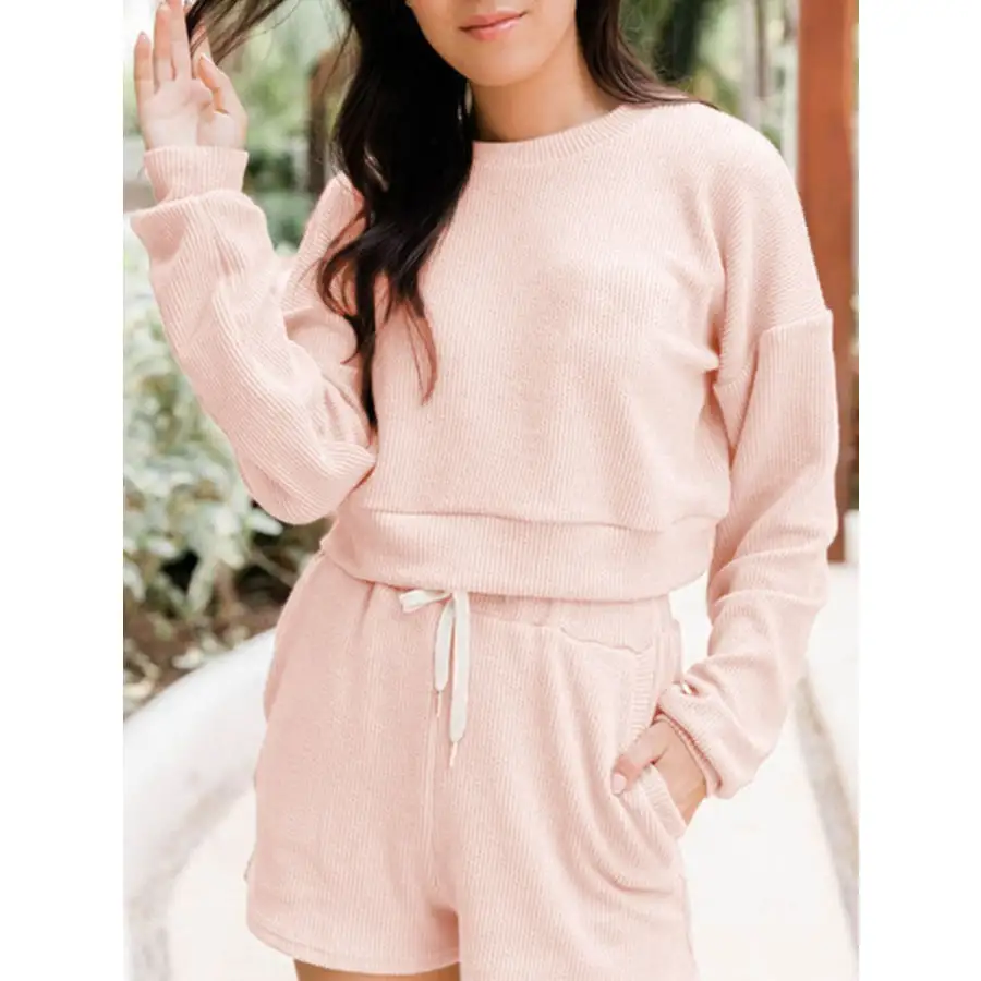 Ribbed Round Neck Long Sleeve Top and Shorts Set