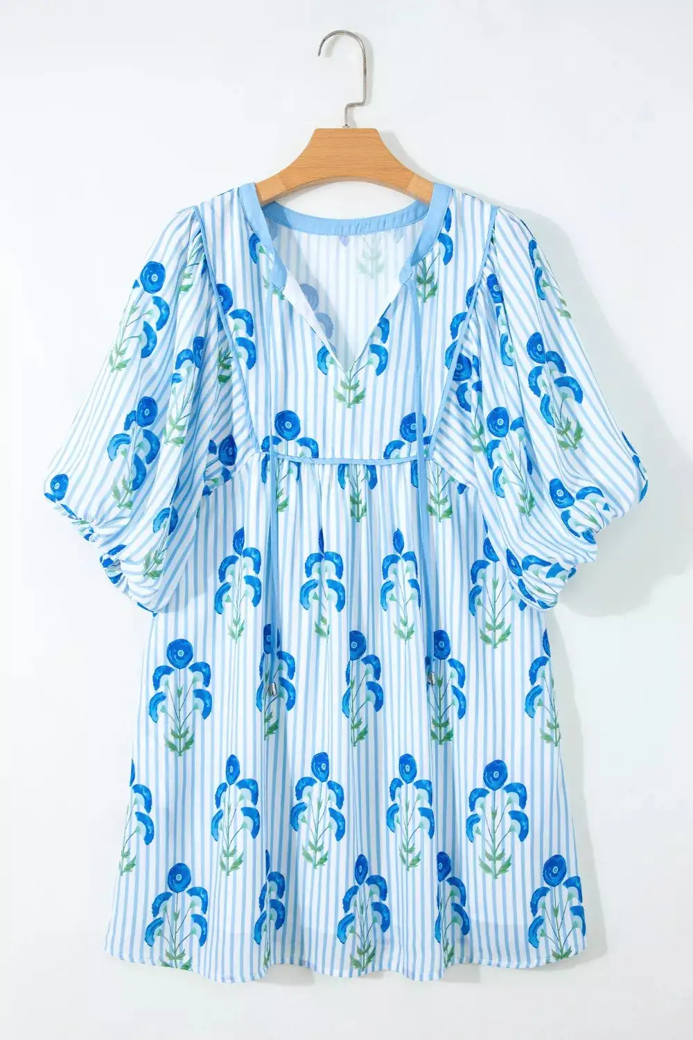 Floral Striped Split Neck Mini Dress