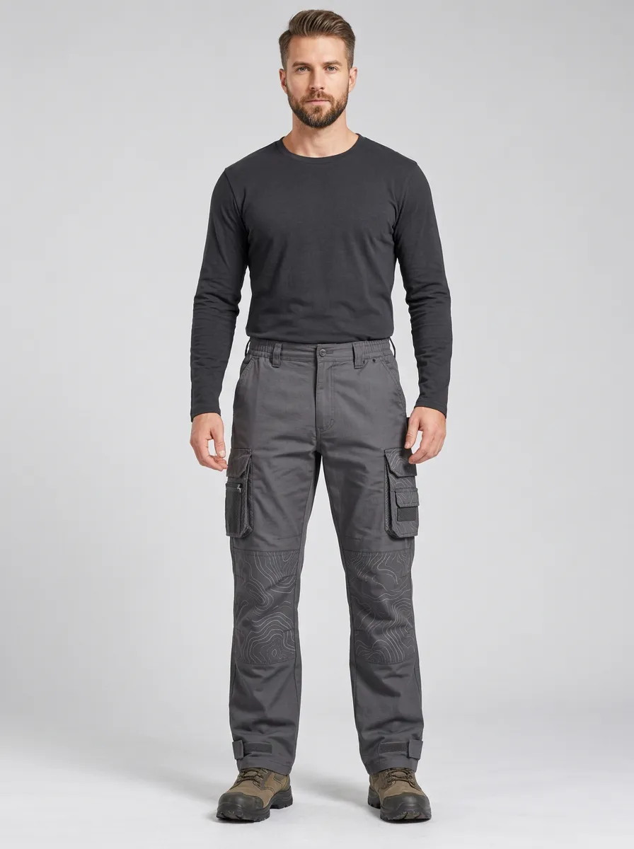 Men's Charcoal Grey Topographic Multi-Pocket Zip Thigh Pocket Tactical Cargo Pants