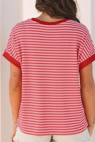 Round-Neck Short-Sleeve Contrast Striped T-Shirt