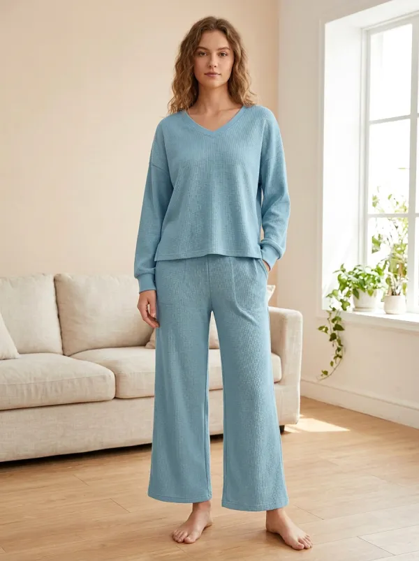 Waffle Knit V-Neck Lounge Set
