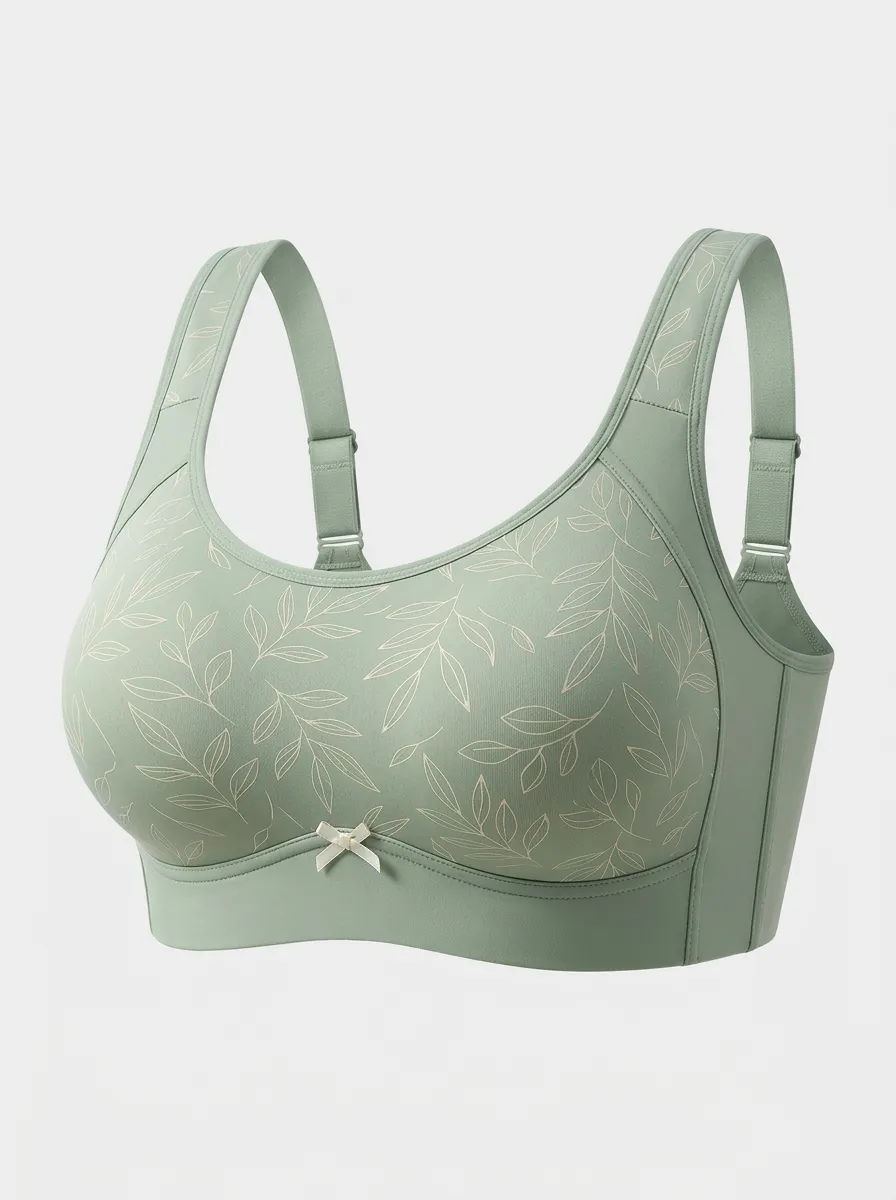 Women's Plus Size Sage Green Leaf Full-Coverage Bow-Detail Wireless Bra