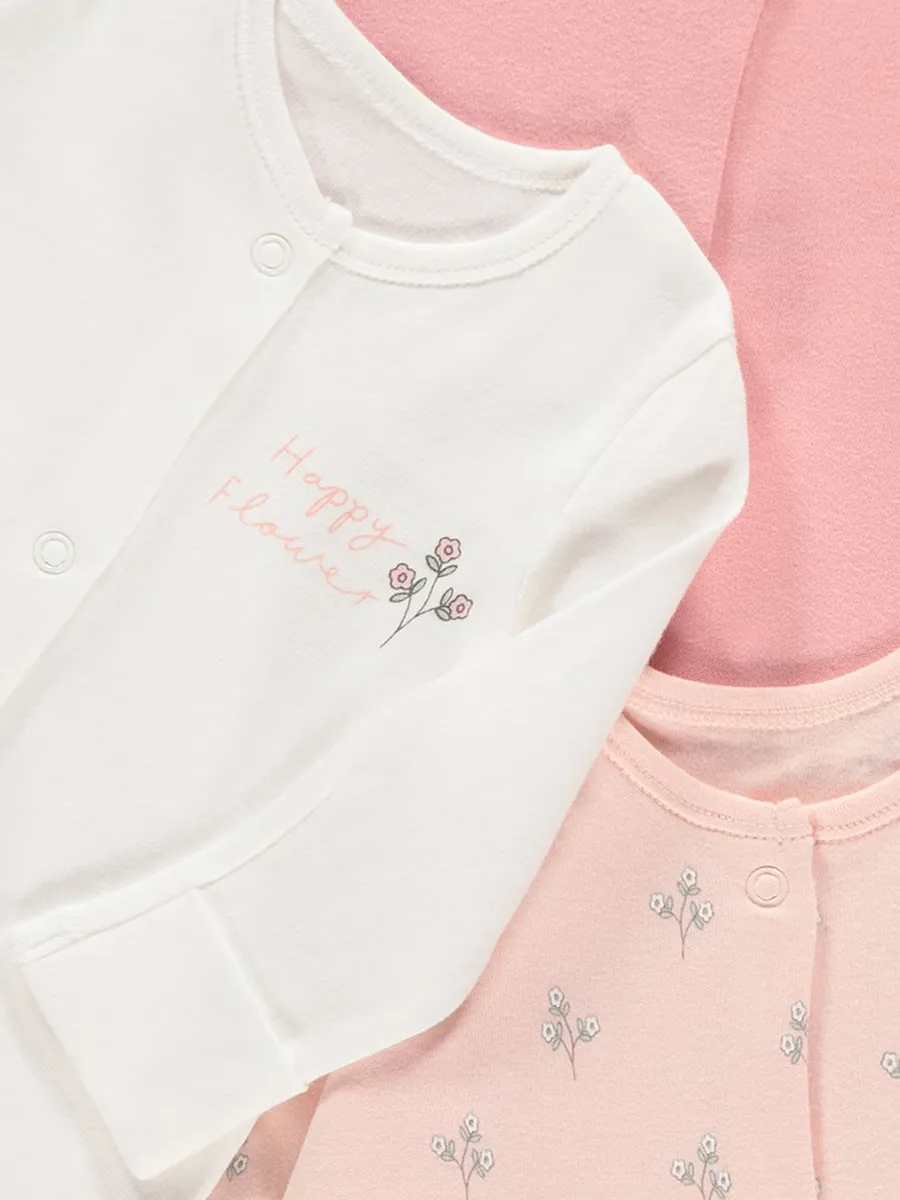 Pink Floral Long Sleeve Sleepsuits 3 Pack