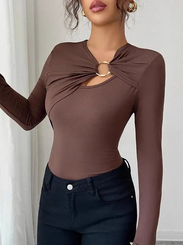 Long Sleeve Slim Fit Panel Detail Asymmetric Collar T-Shirt