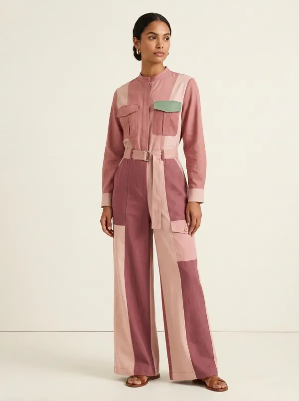 Women's Marin Utility Patchwork Colorblock Belted Jumpsuit