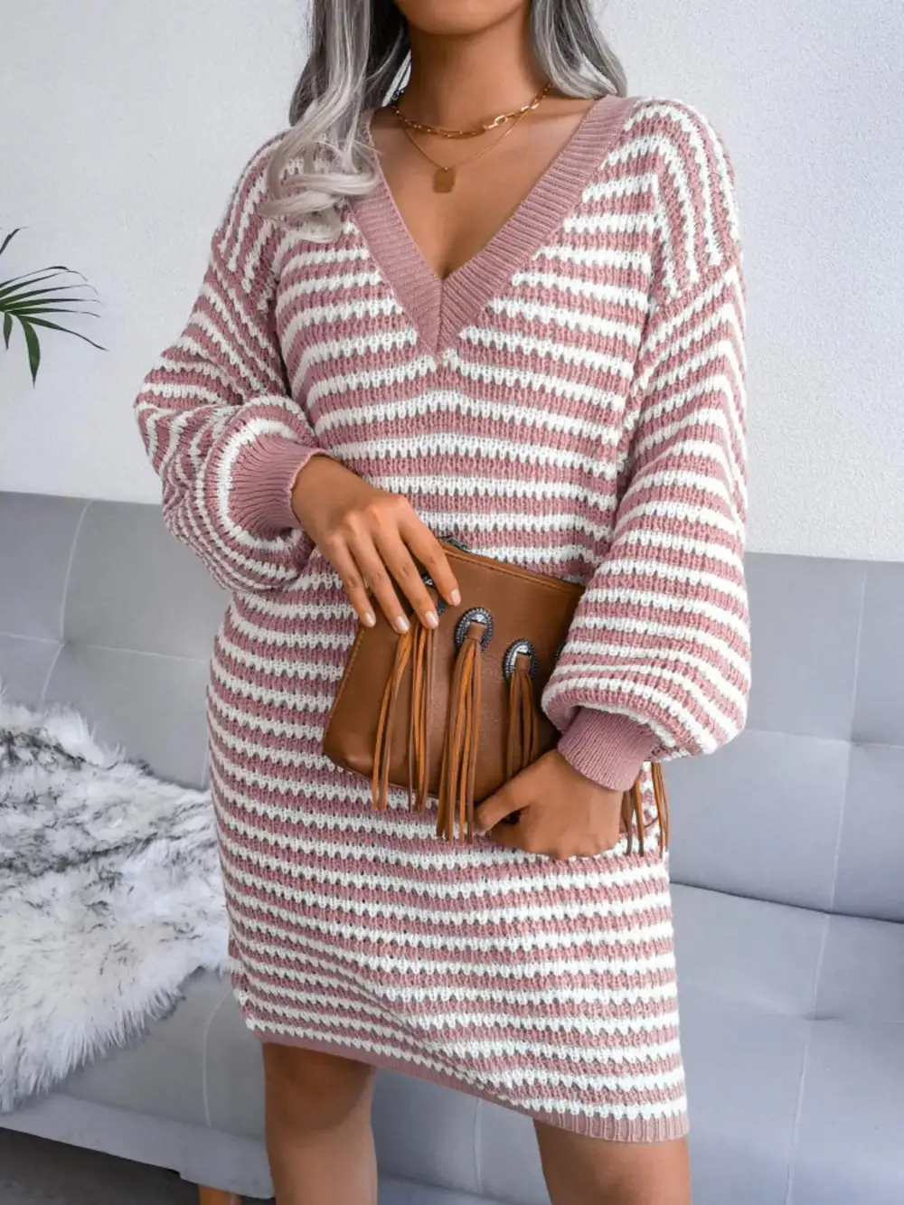 Striped V Neck Long Sleeve Sweater Dress