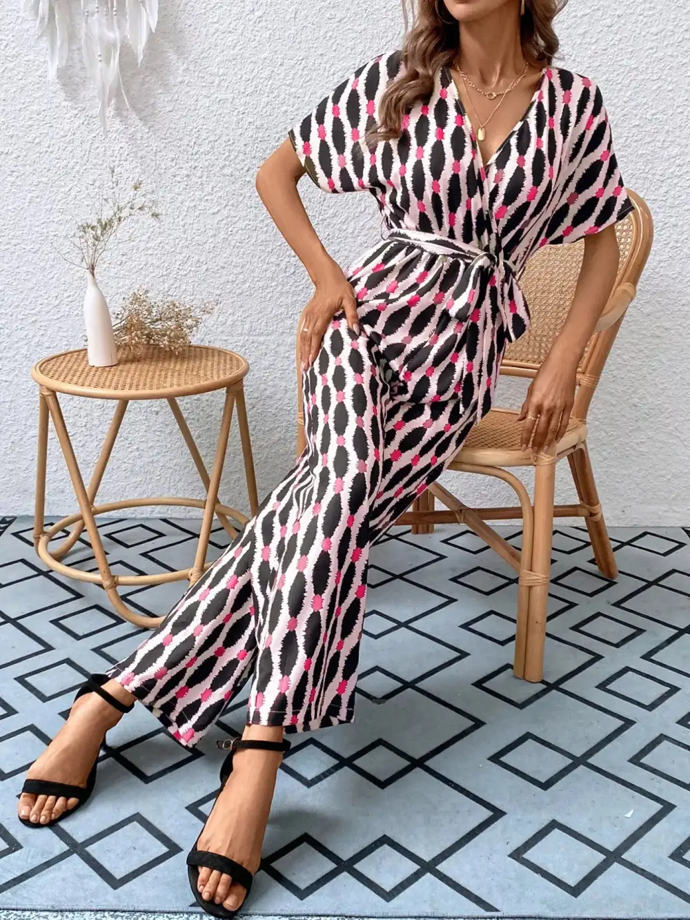 Printed Surplice Tie Waist Short Sleeve Shorts