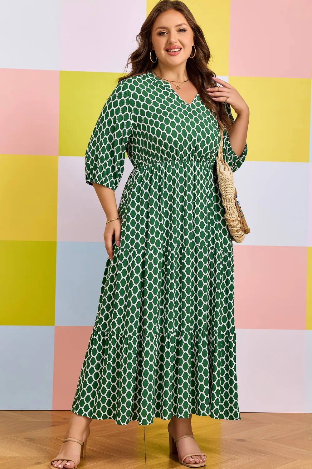 Green Geometric Ruffle Hem Dress