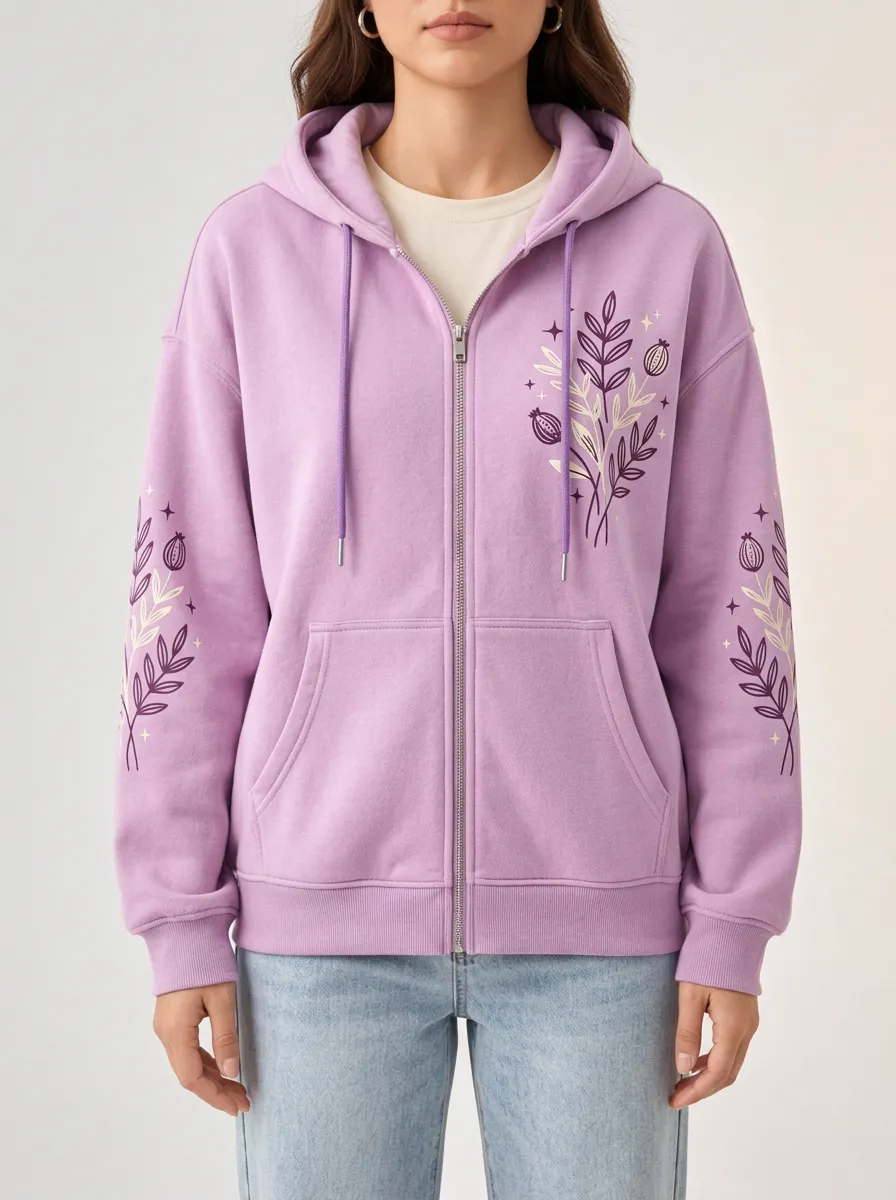 Women's Allover Florals and Botanical Zip Through Hoodie
