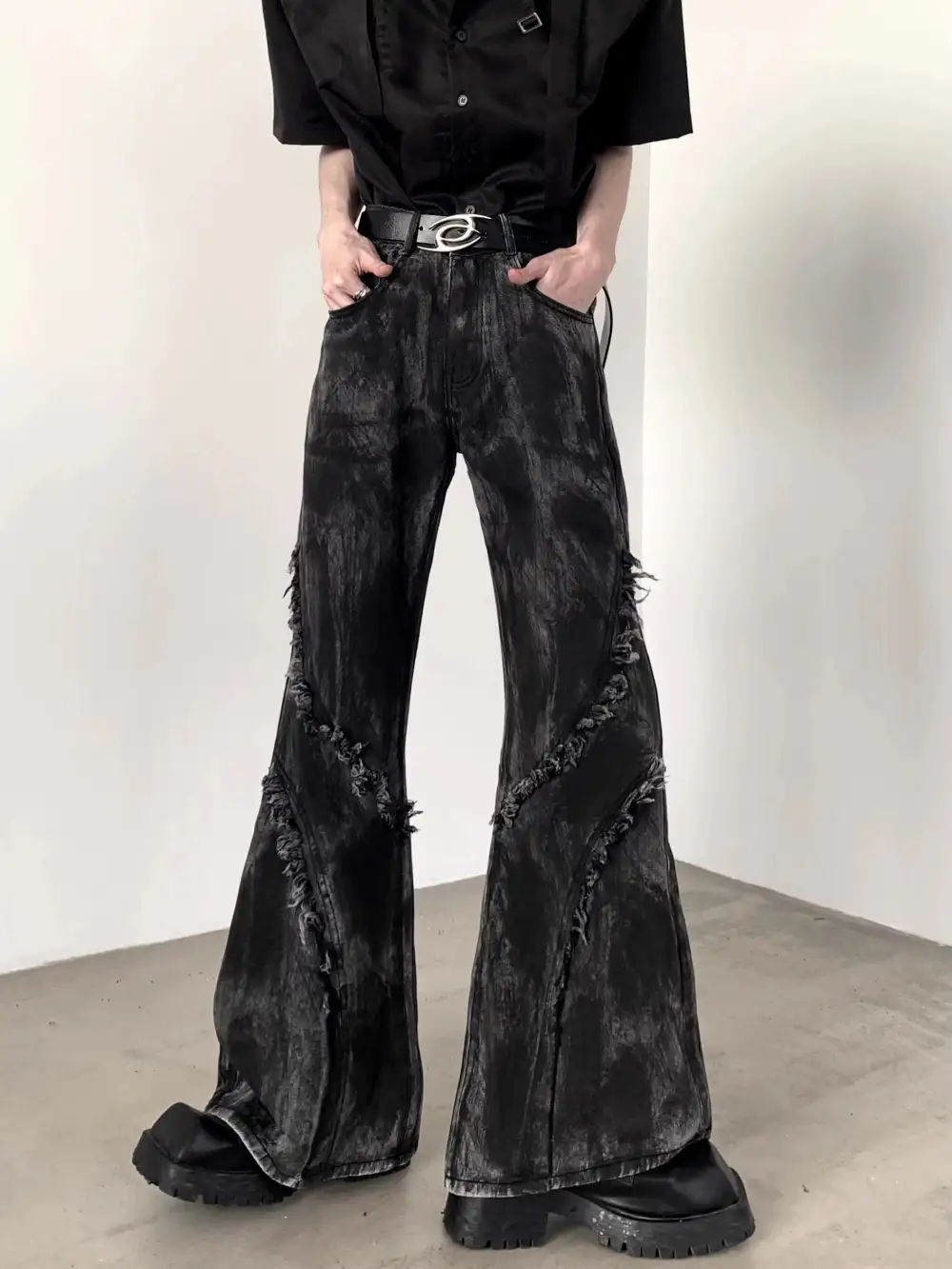 Flared Distressed Raw-Hem Jeans
