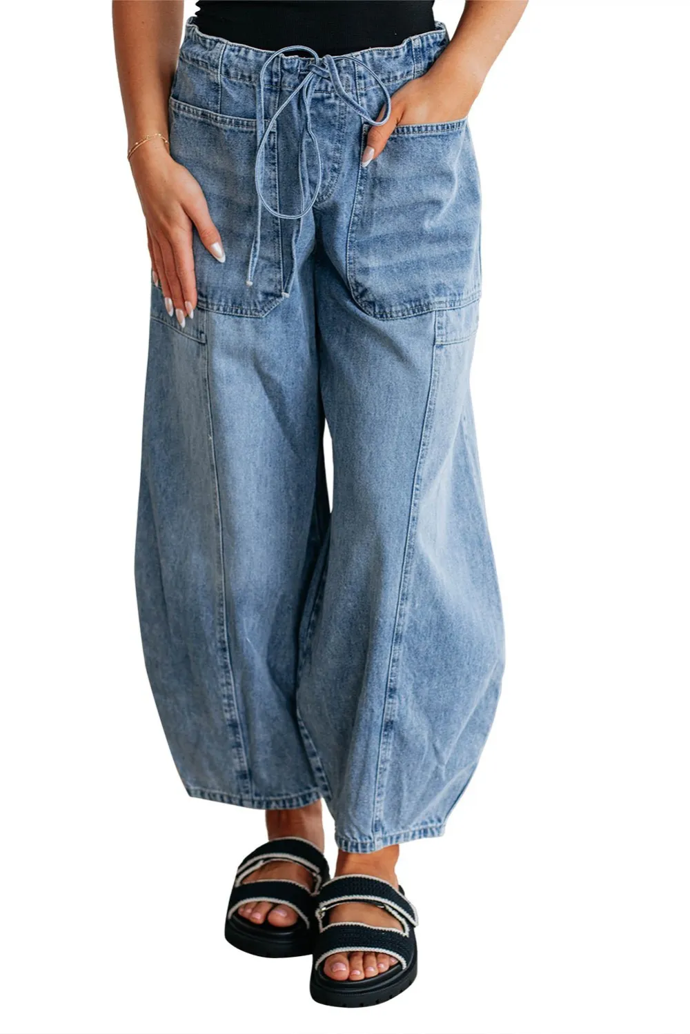 Paperbag Waist Drawstring Barrel Leg Patch Pocket Casual Jeans