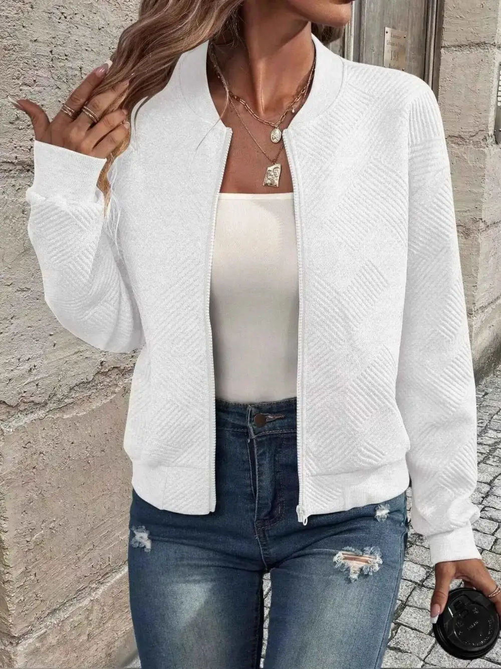 Texture Zip-Up Bomber Jacket