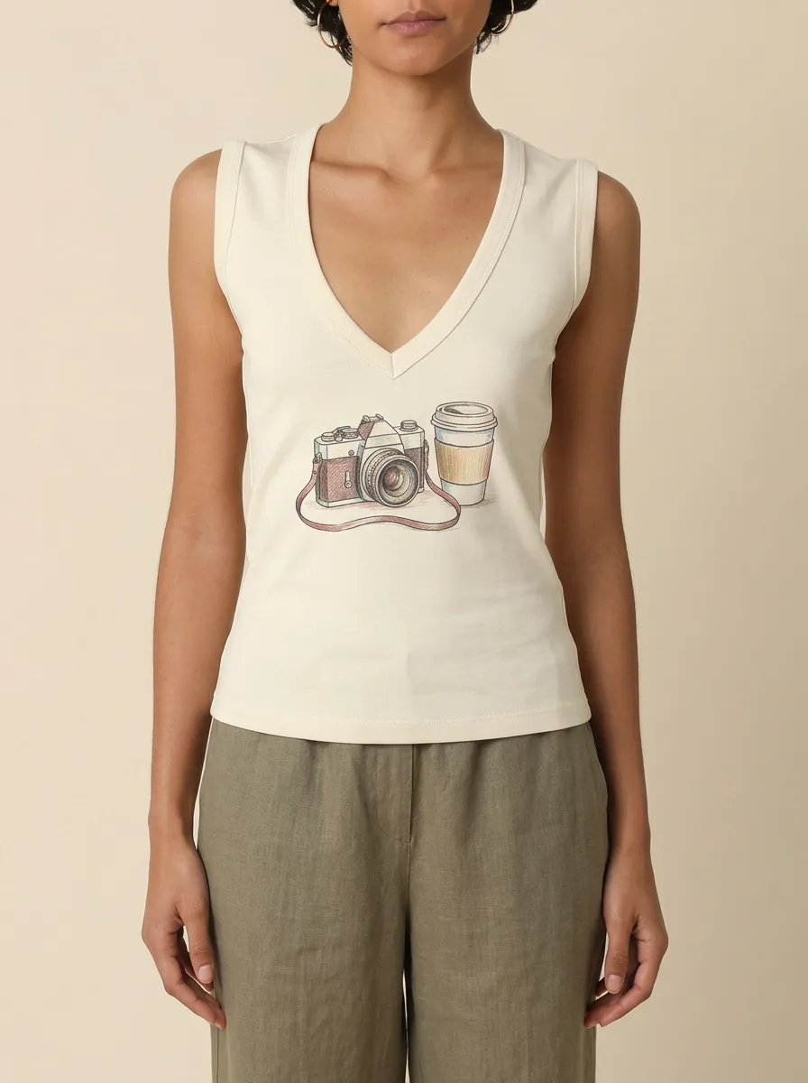 Women's Photography Coffee Vintage Camera Graphic Tank Top