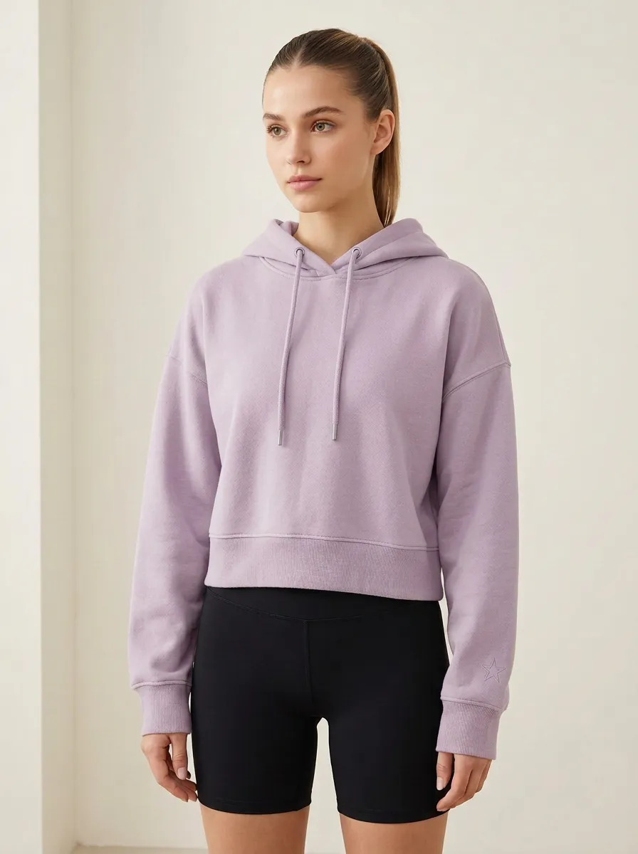 Women's Casual Minimalist Sage Green Star Embroidered Cropped Hoodie