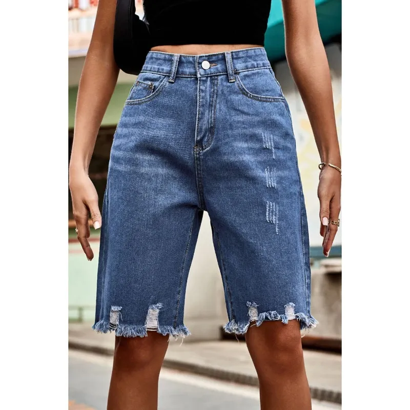 Raw-Hem High-Waist Denim Shorts with Pockets