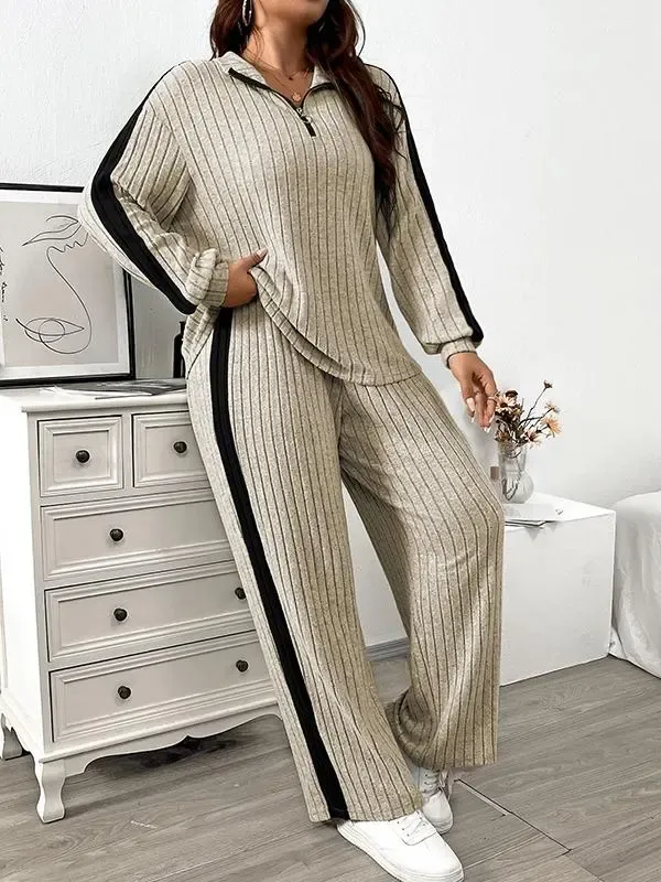 Plus Size Contrast Color Ribbed Knit Two Piece Set