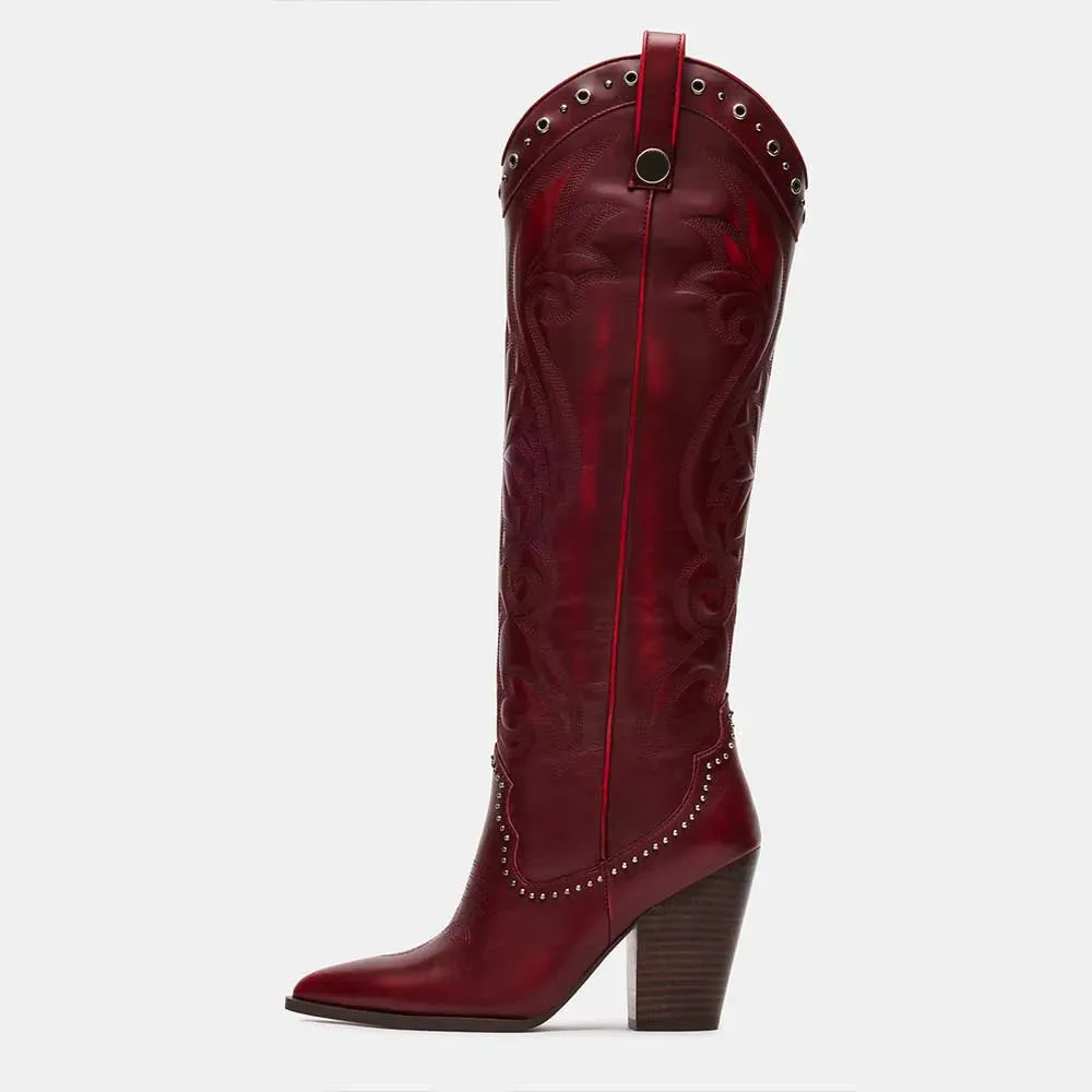Faux-Leather Embroidered Studded Pointed-Toe Knee-High Boots