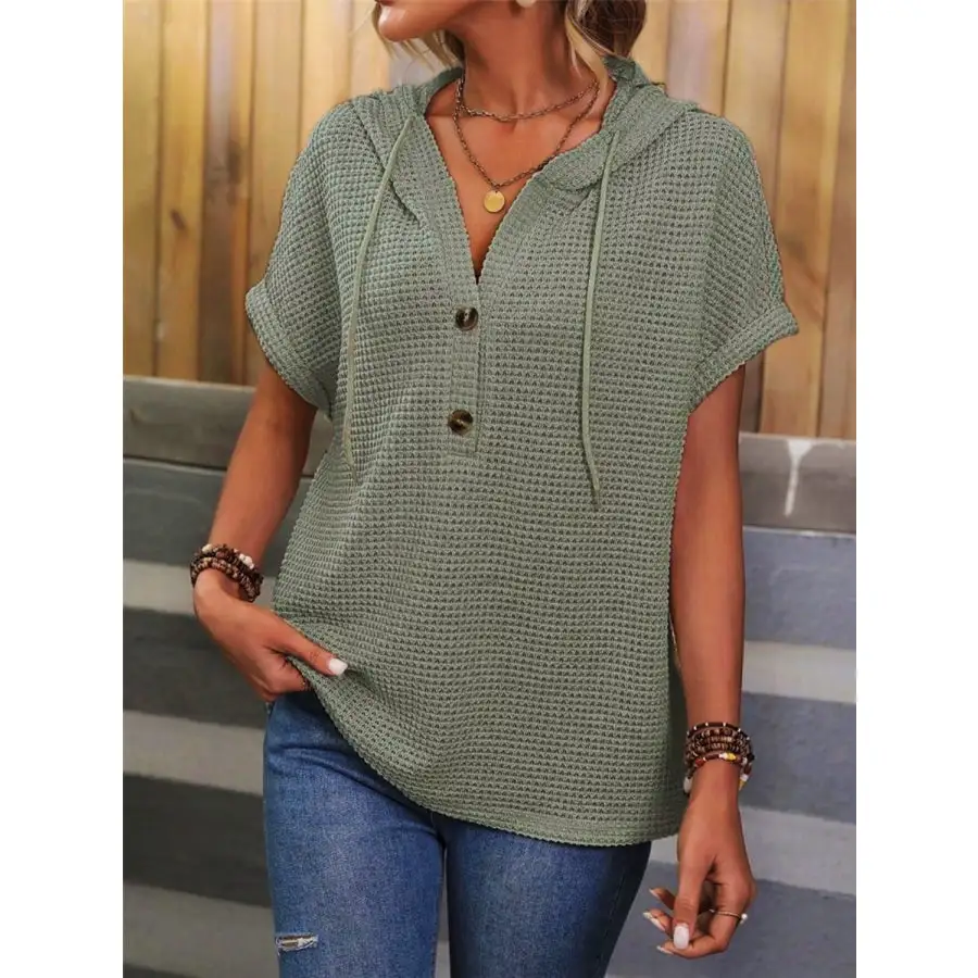 Waffle Knit Hooded Short Sleeve Blouse