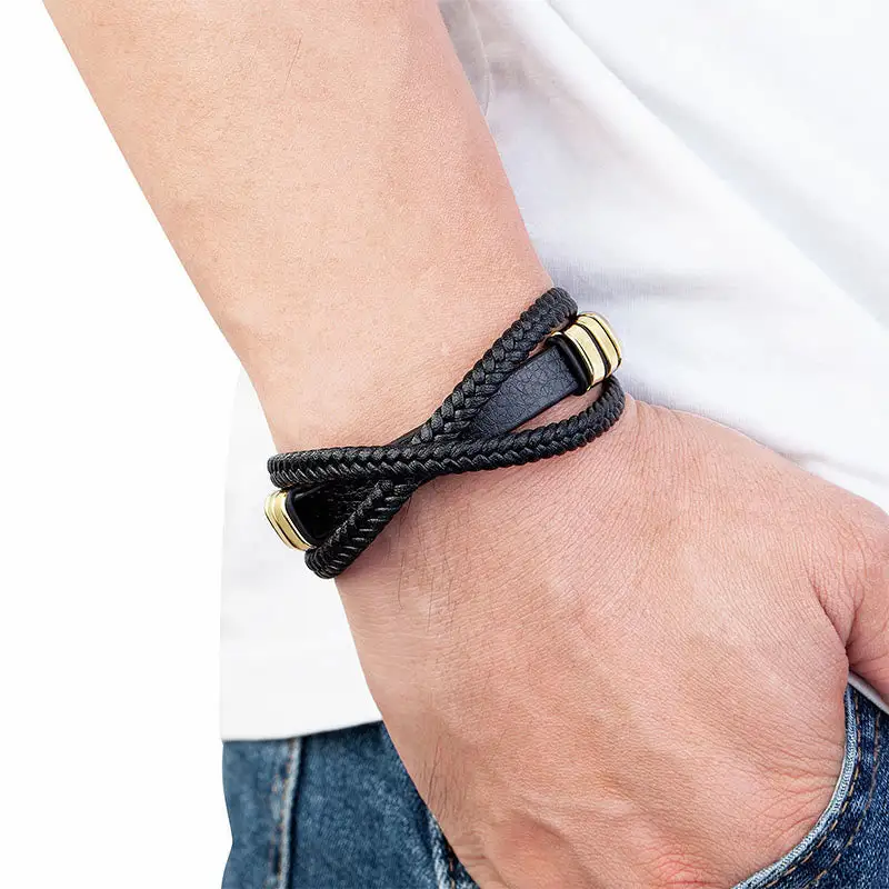 Multi Layered Cross Woven Design Leather Titanium Bracelet