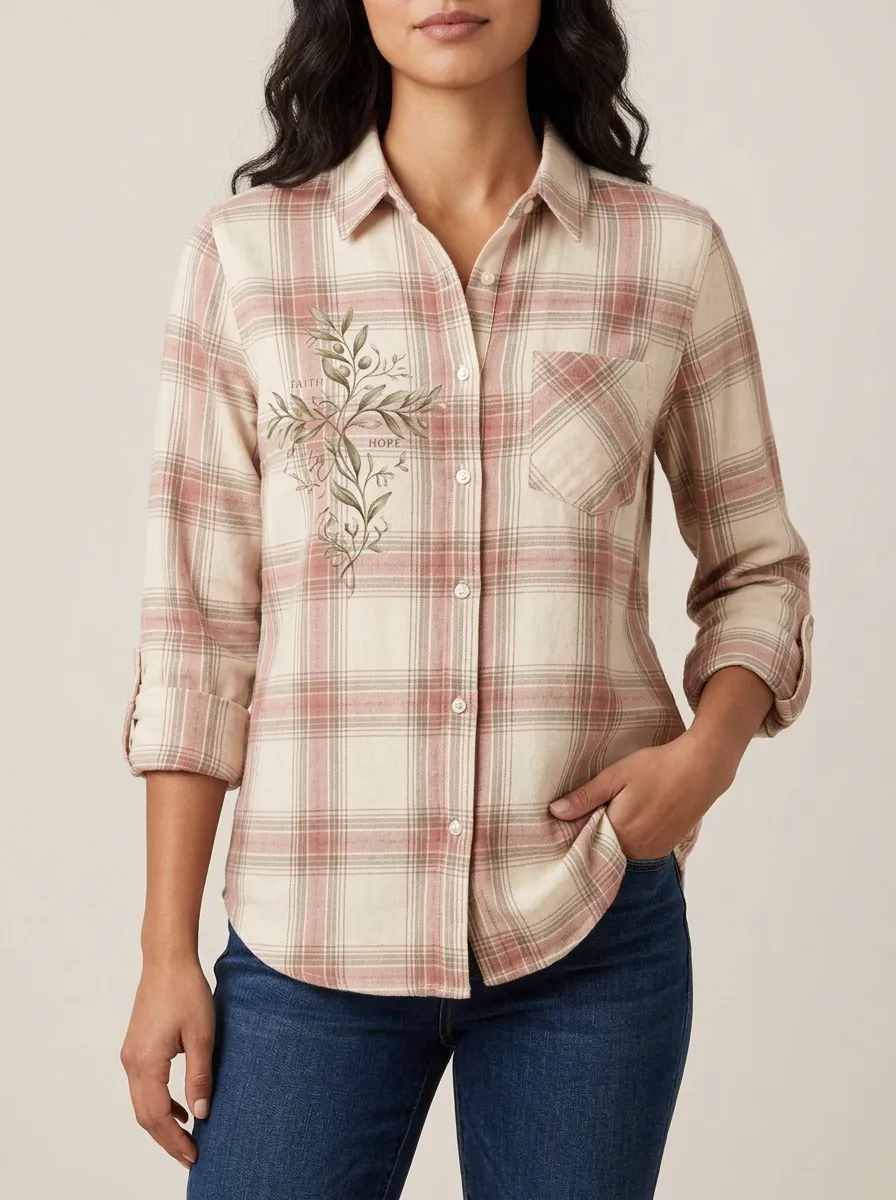 Women's Christian Faith Hope Olive Branch Printed Plaid Shirt