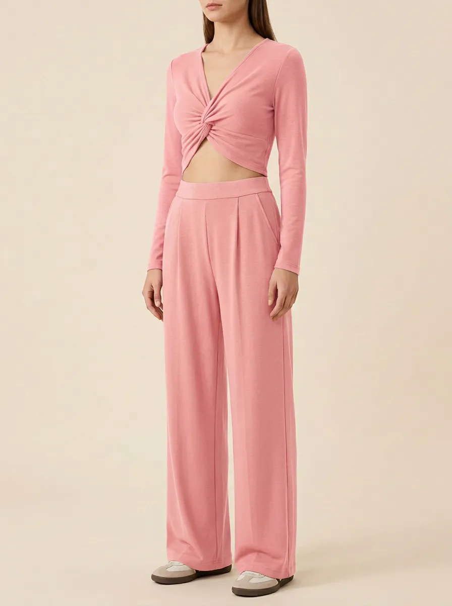 Women's Twist-Front V-Neck Crop Top and Pleated Wide-Leg Trouser Set
