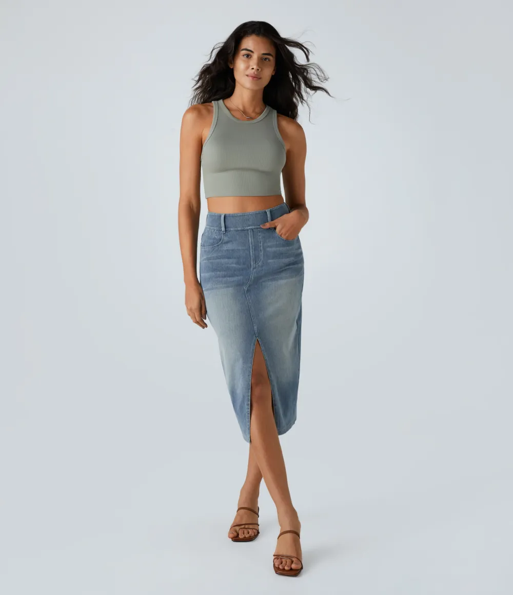 Magic High Waisted Multiple Pockets Bodycon Split Washed Stretchy Knit Denim Casual Midi Skirt