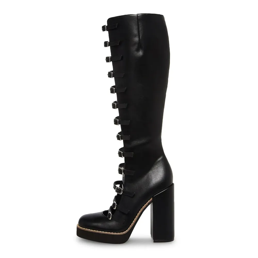 Faux-Leather Buckle-Detail Zip-Up Square-Toe Knee-High Boots